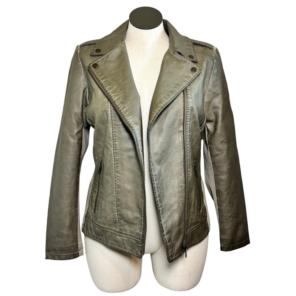 Sebby Collection Womens Taupe Faux Leather Moto Jacket Ribbed Panels Size Large